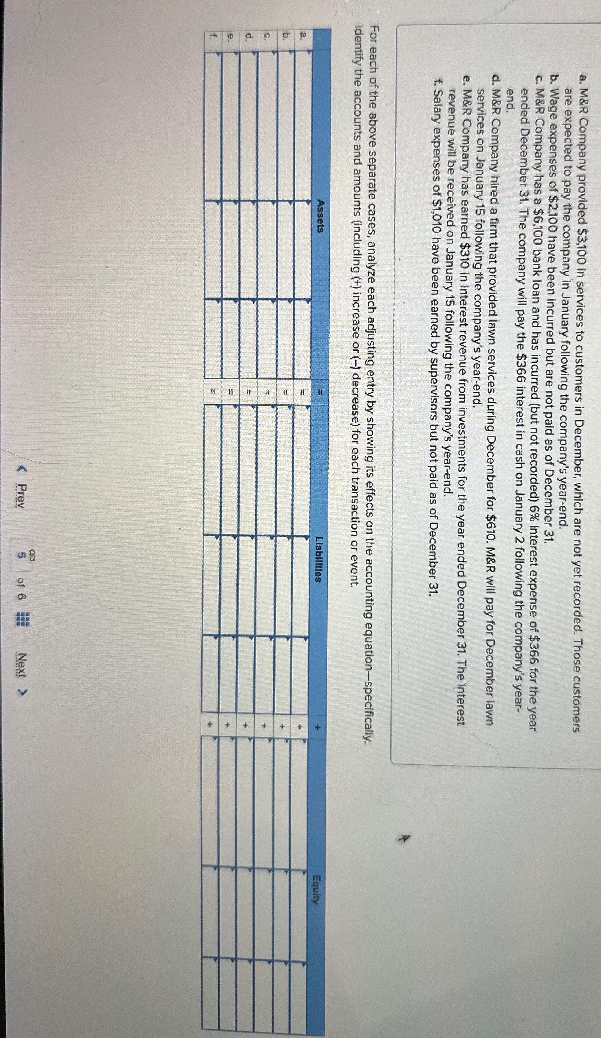  a. M&R Company provided $3,100 in services to customers in December,
