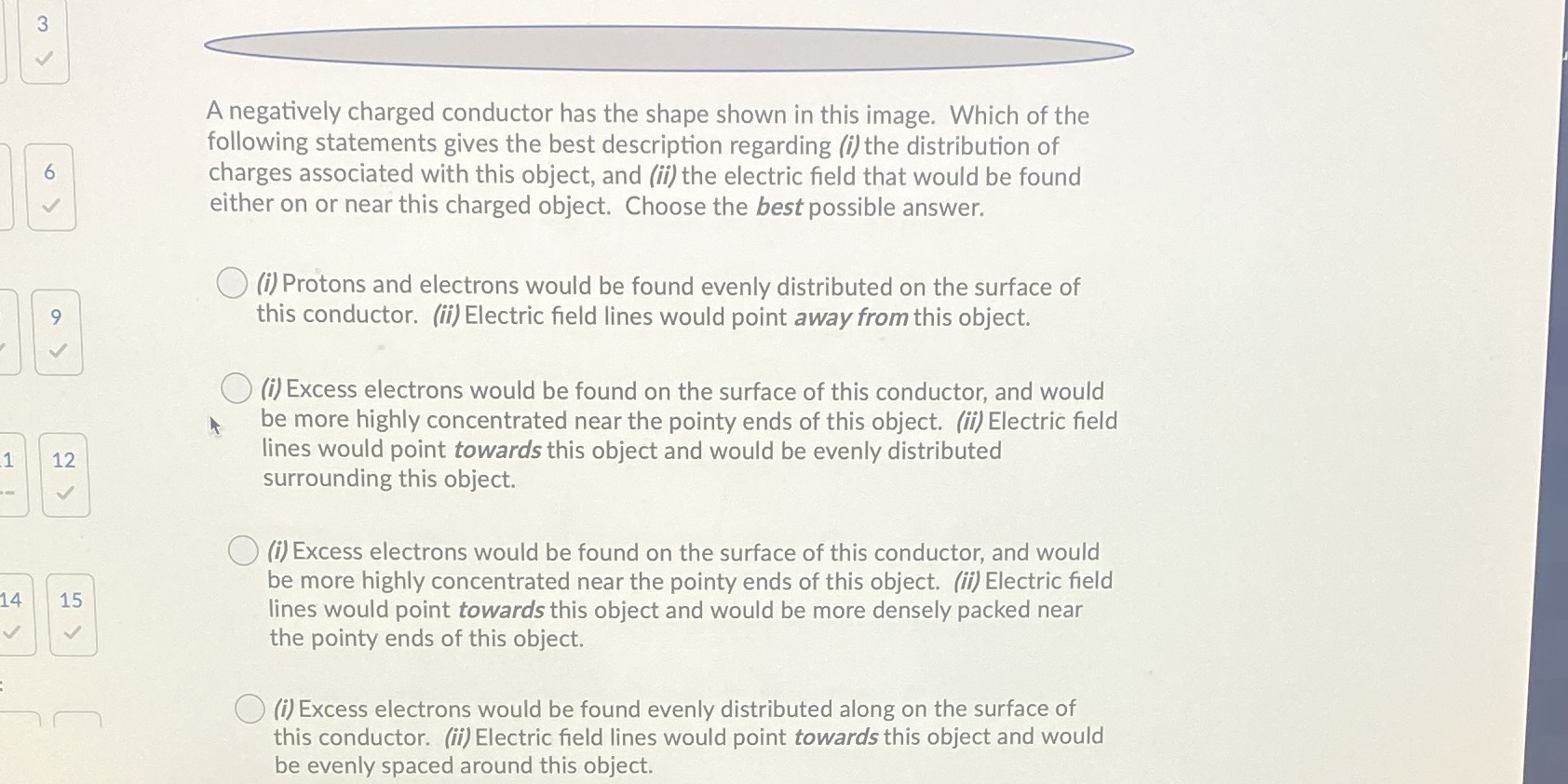 A negatively charged conductor has the shape shown in this image.