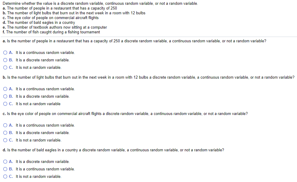  Determine whether the value is a discrete random variable, continuous random