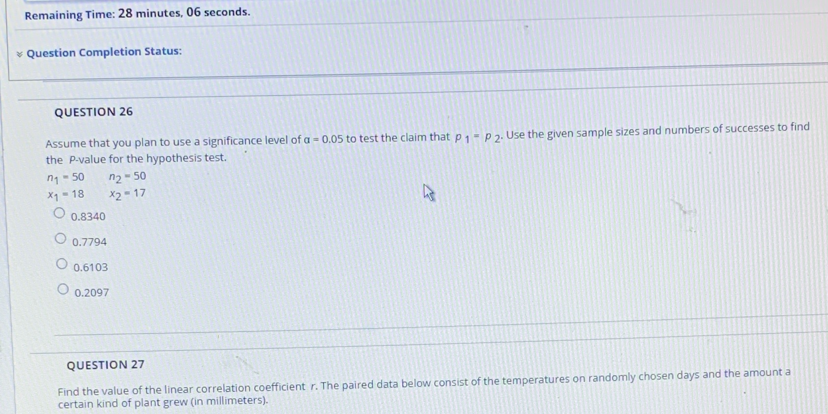 Remaining Time: 28 minutes, 06 seconds. Question Completion Status: QUESTION 26