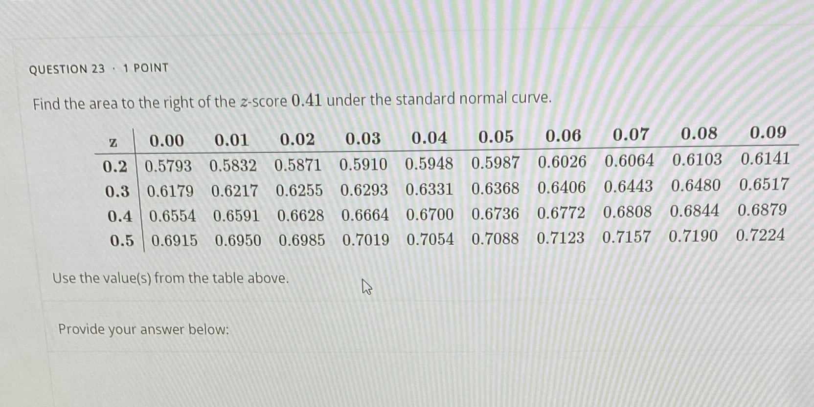 QUESTION 23 . 1 POINT Find the area to the right