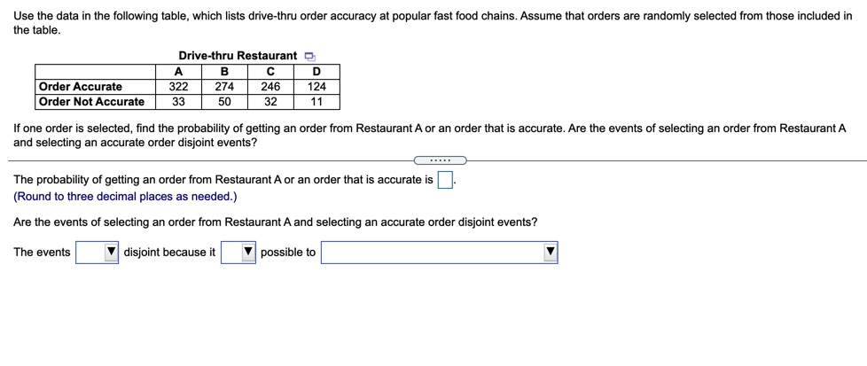 Use the data in the following table, which lists drive-thru order