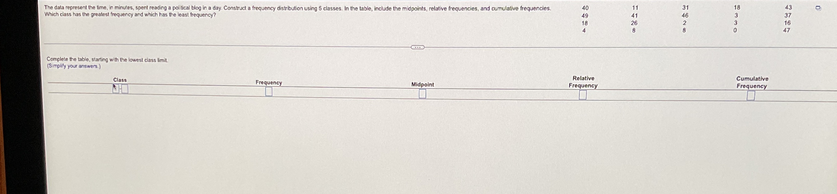 Please complete the table ASAP. Thank you! The data represent the time,