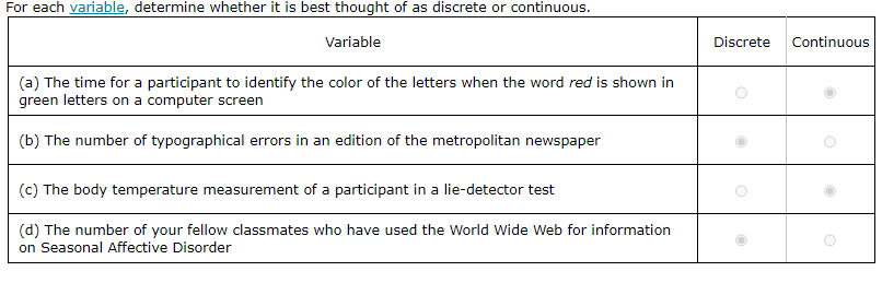  For each variable, determine whether it is best thought of as