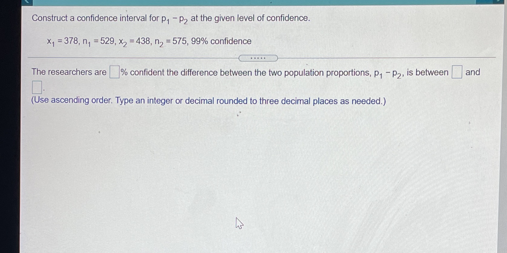 Construct a confidence interval for p1 - p2 at the given