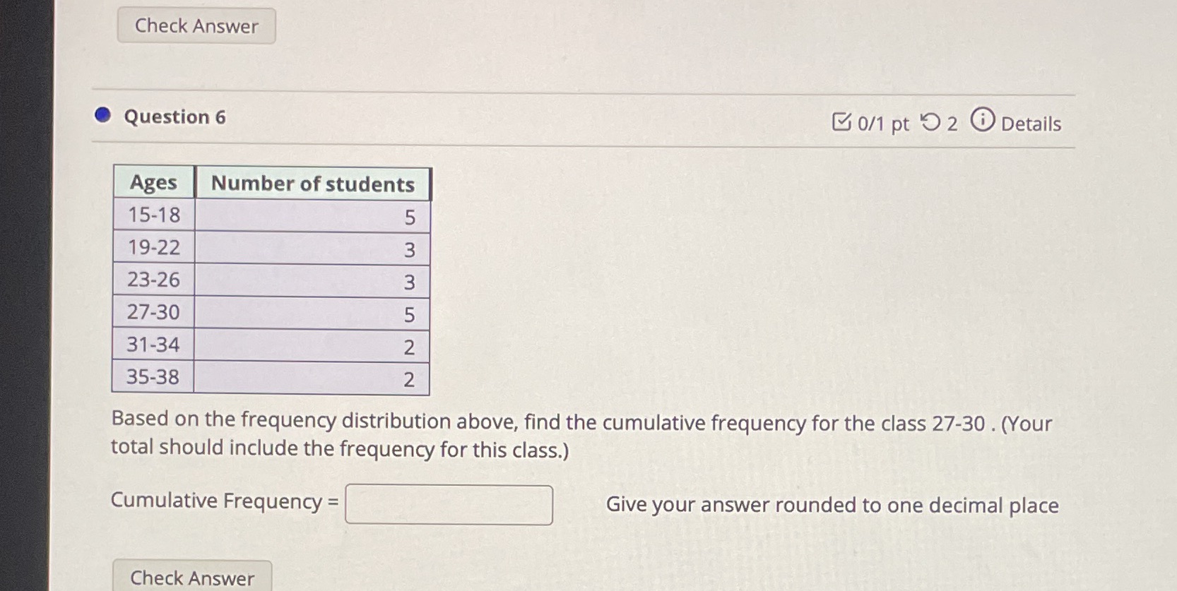  Check Answer Question 6 0/1 pt 2 0 Details Ages Number