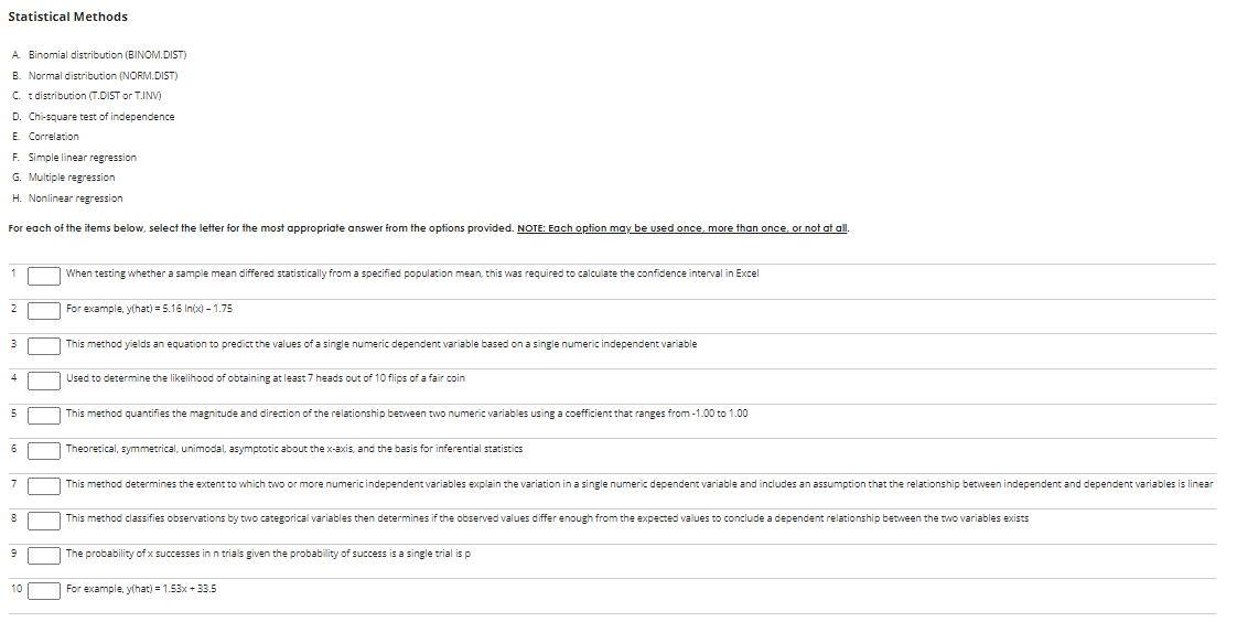 Statistical Methods A. Binomial distribution (BINOM.DIST) B. Normal distribution (NORM.DIST) C.