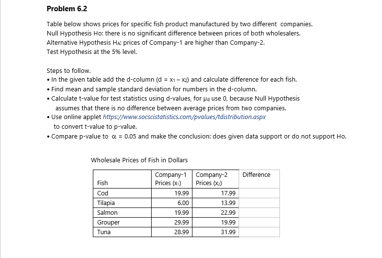 question 6.2, swordfish and seabass are continued with the table Problem 6.2