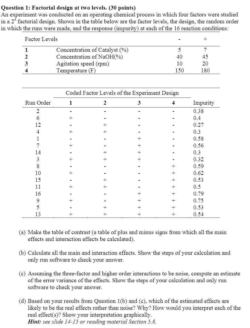  Question I: Factorial design at two levels. (30 points) An experiment