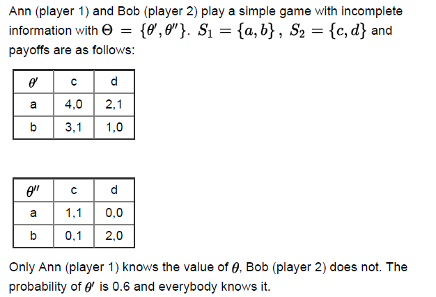 Ann (player 1) and Bob (player 2) play a simple game with