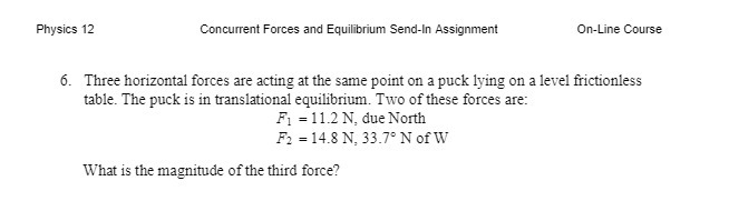  Physics 12 Concurrent Forces and Equilibrium Send-In Assignment On-Line Course 6.