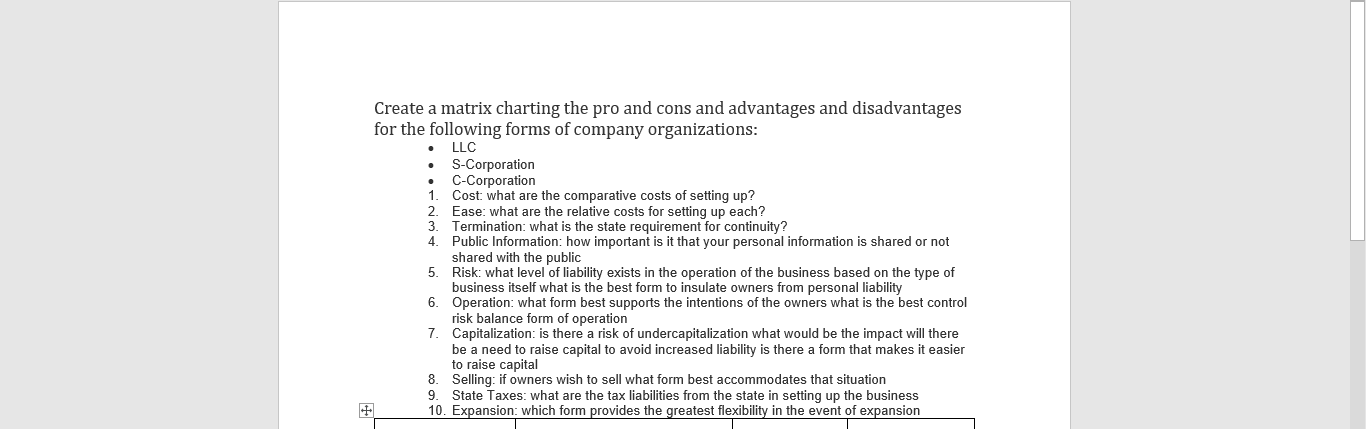 Please help find the pro/cons with each section: Create a matrix charting