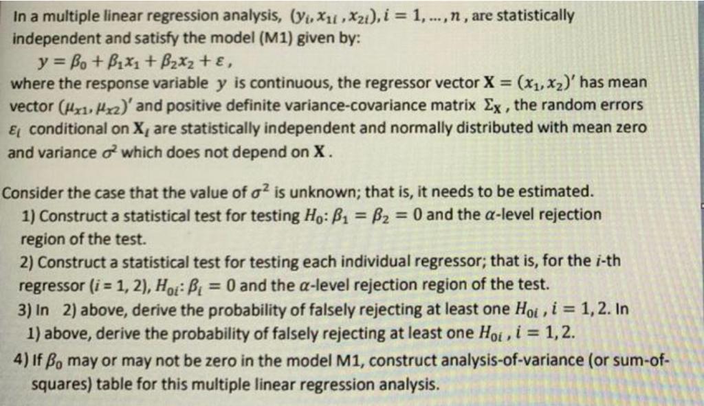  In a multiple linear regression analysis, (yu Xi , Xz), i