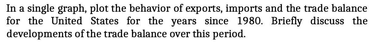 In a single graph, plot the behavior of exports, imports and