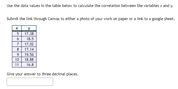  Use the data values in the table below to calculate the