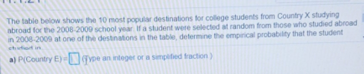 help please???? The table below shows the 10 most popular destinations for