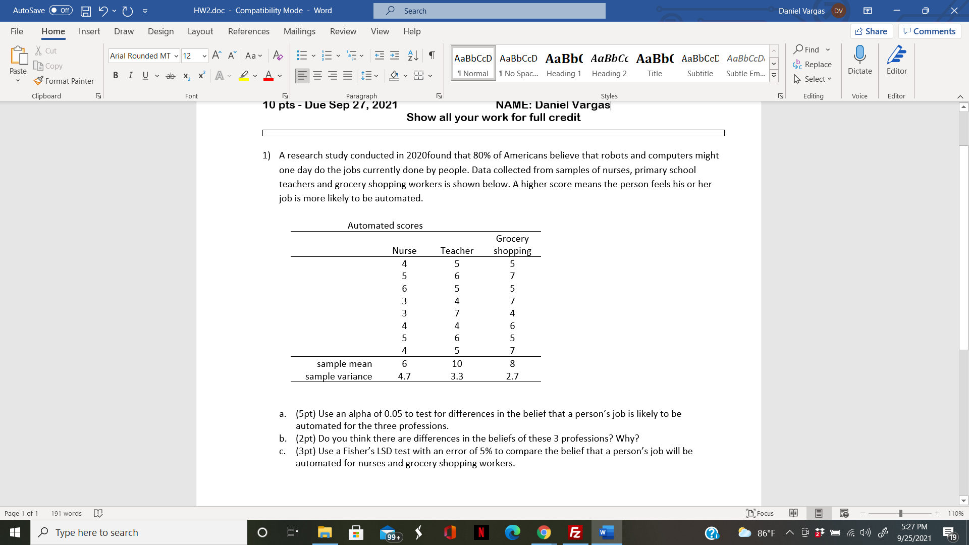 AutoSave . Off) HW2.doc - Compatibility Mode - Word Search Daniel