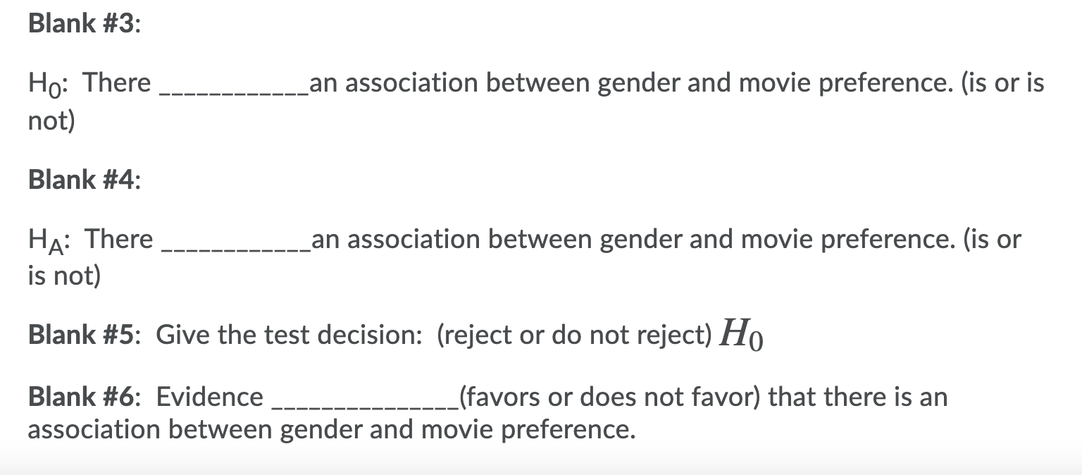 0.05 to determine if there is an association between gender and movie