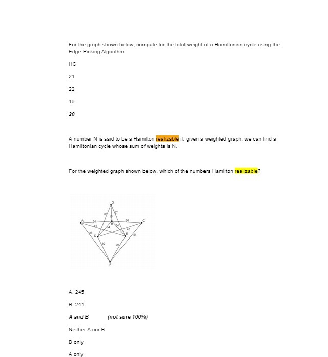  For the graph shown below, compute for the total weight of