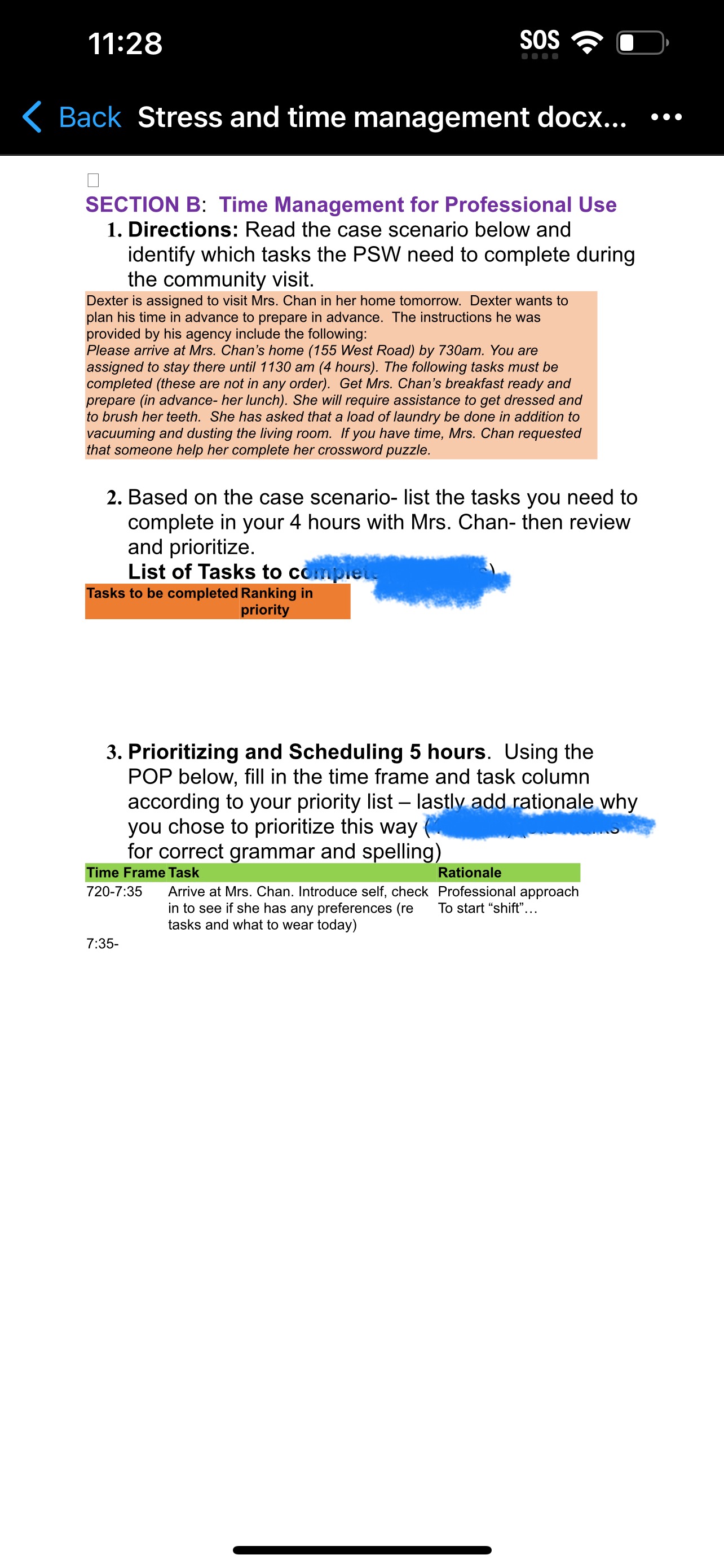 Time Management for Personal Use 1. Directions: Using the chart listed below,