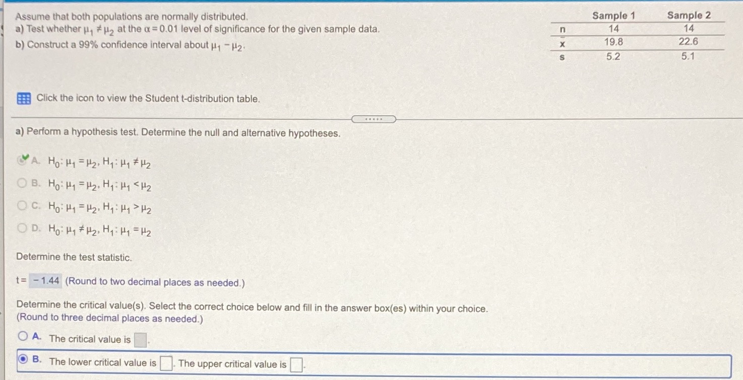 B. Construct a 95% confidence interval about u1-u2The confidence interval is the