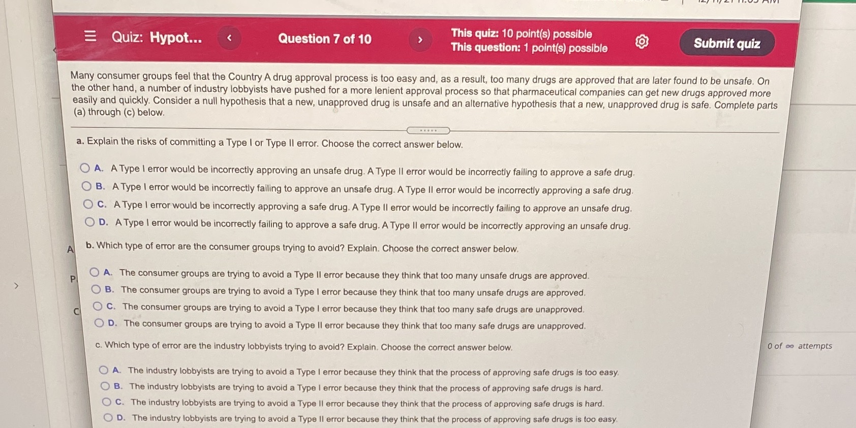 Quiz: Hypot... Question 7 of 10 This quiz: 10 point(s) possible This