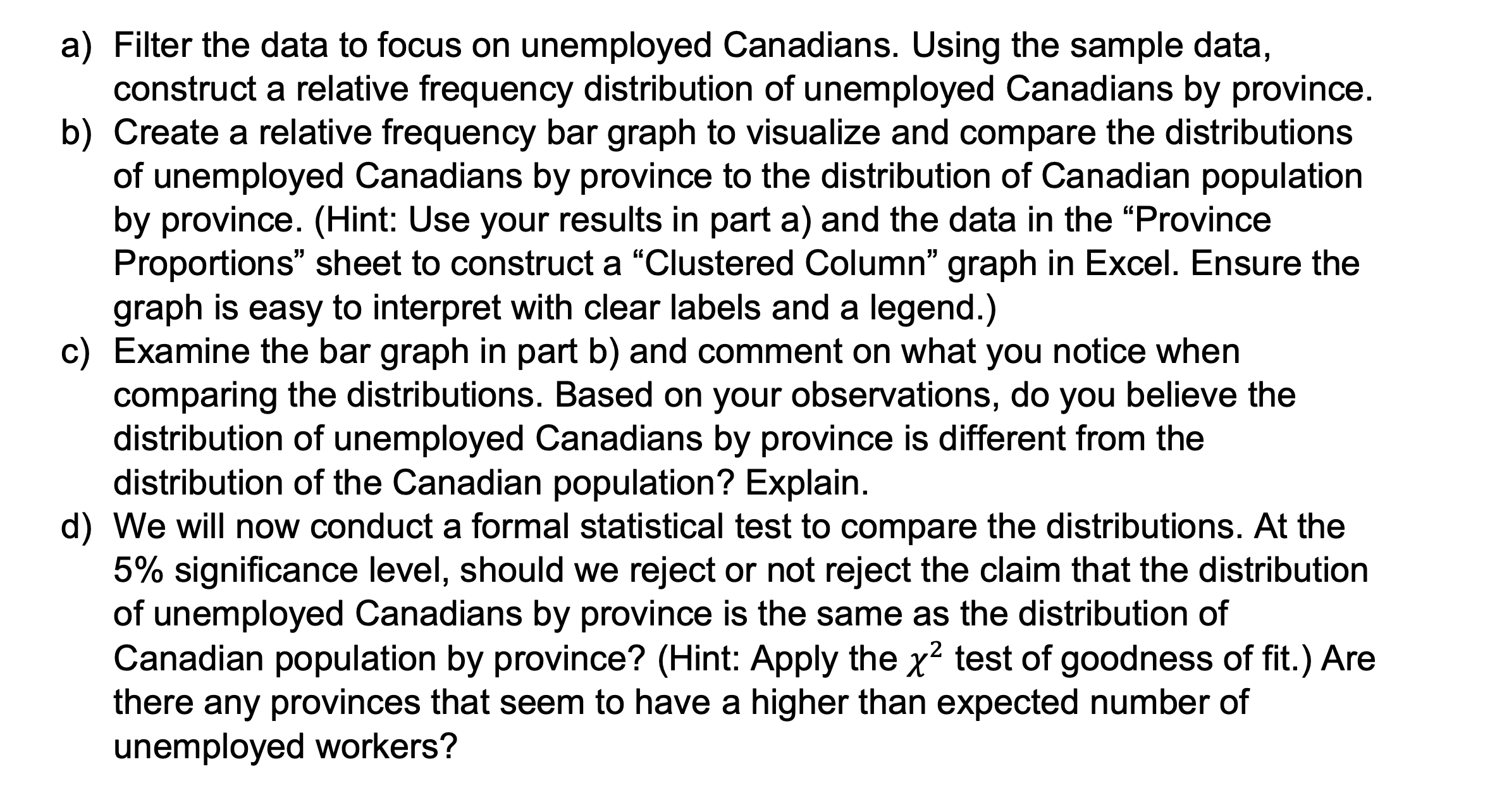sample data, construct a relative frequency distribution of unemployed Canadians by province.