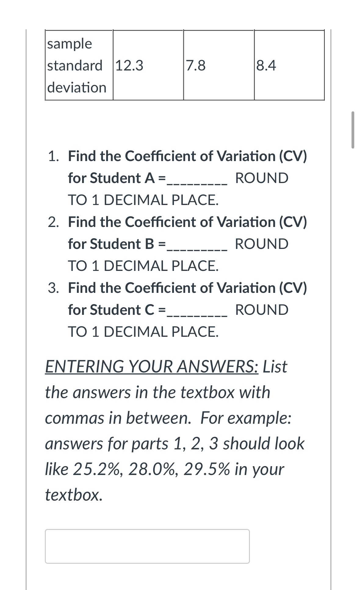 of exam scores from Student A, Student B and Student C. STUDENT