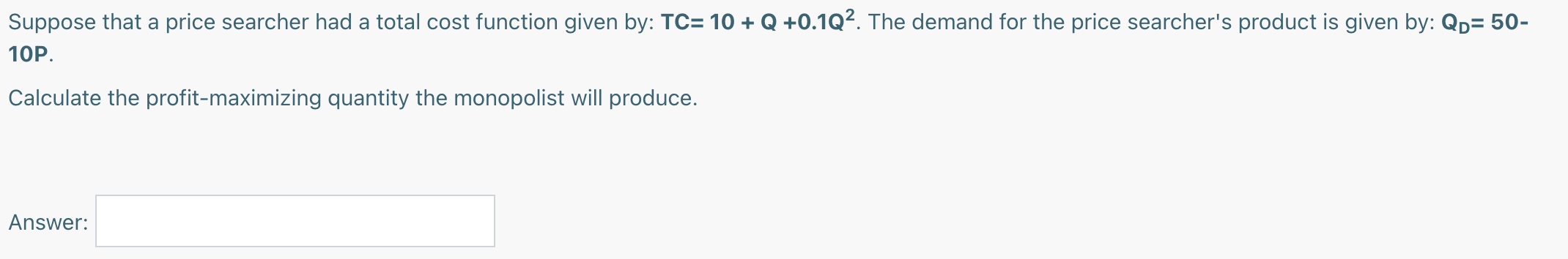product given by: QD: 200-10P. Find the marginal revenue function. Fill in