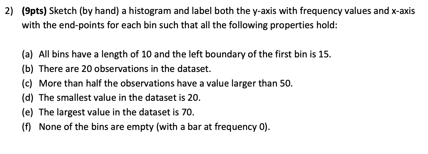 Statistics 2) (9pts) Sketch (by hand) a histogram and label both the