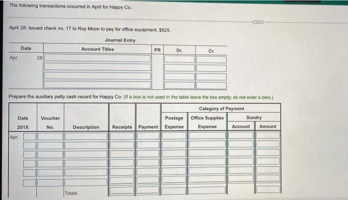 30 (check no. 18). Print Done The following transactions occurred in April
