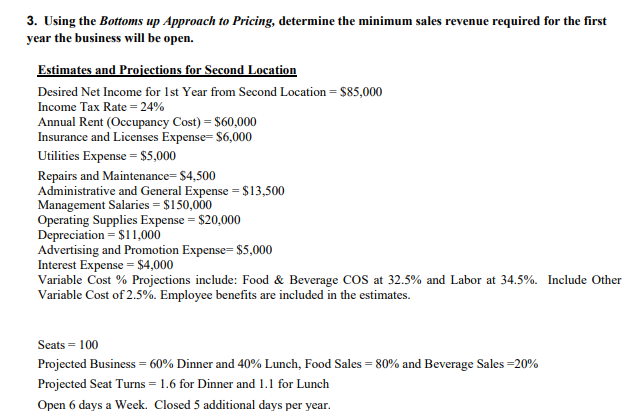 3. Using the Bottoms up Approach to Pricing, determine the minimum