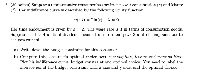  2. [3t] points} Suppose a representative consumer has preference over consumption