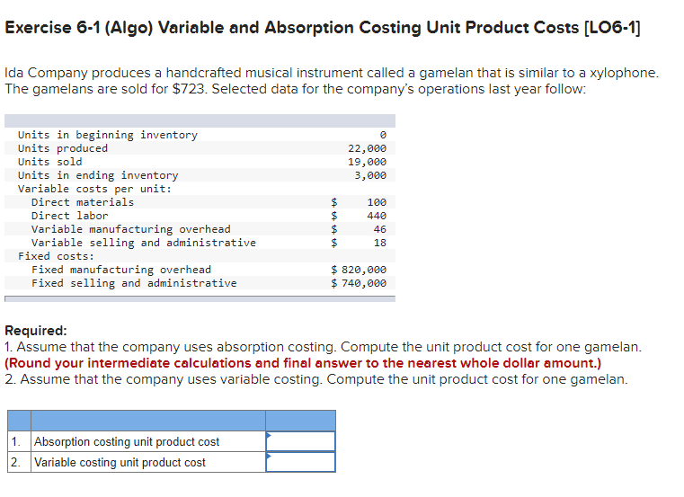  Exercise 6-1 (Algo) Variable and Absorption Costing Unit Product Costs [LO6-1]