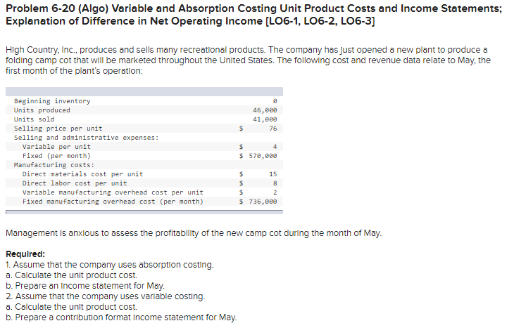 Problem 6-20 (Algo) Variable and Absorption Costing Unit Product Costs and