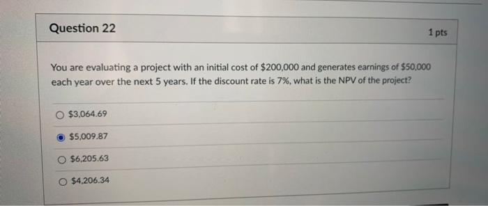  Question 22 1 pts You are evaluating a project with an