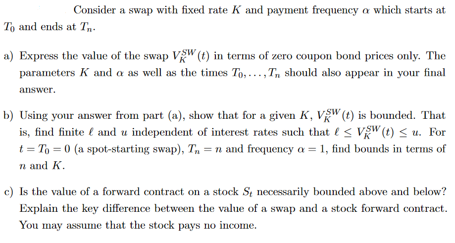 Consider a swap with fixed rate K and payment frequency which starts