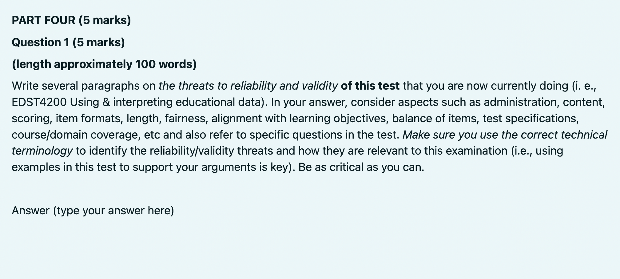  PART FOUR (5 marks) Question 1 (5 marks) (length approximately 100