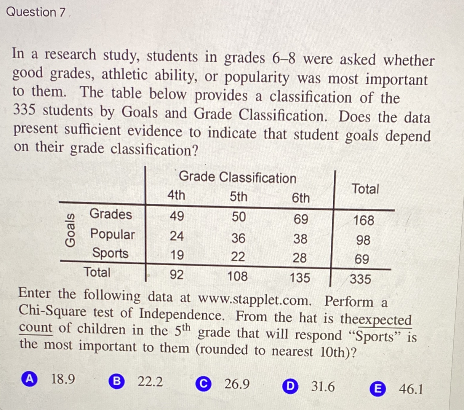 Question 7 In a research study, students in grades 6-8 were