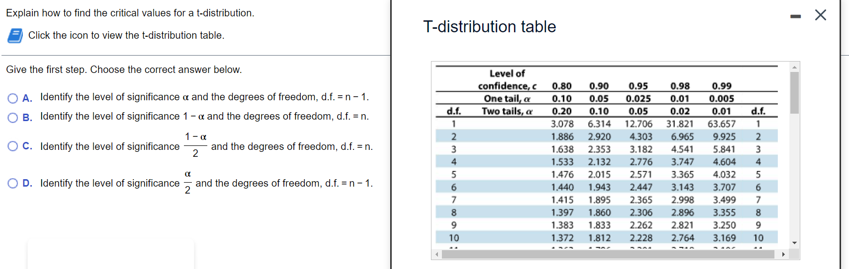 Answer question Explain how to find the critical values for a t-distribution.