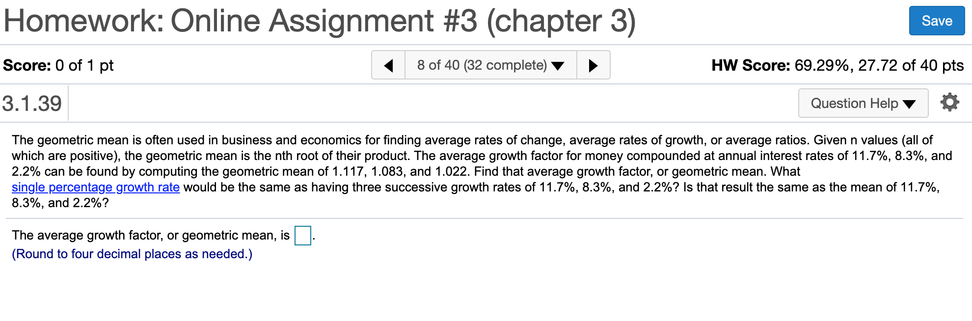 Score: 0 of 1 pt { 35 of 40 (32 complete) V