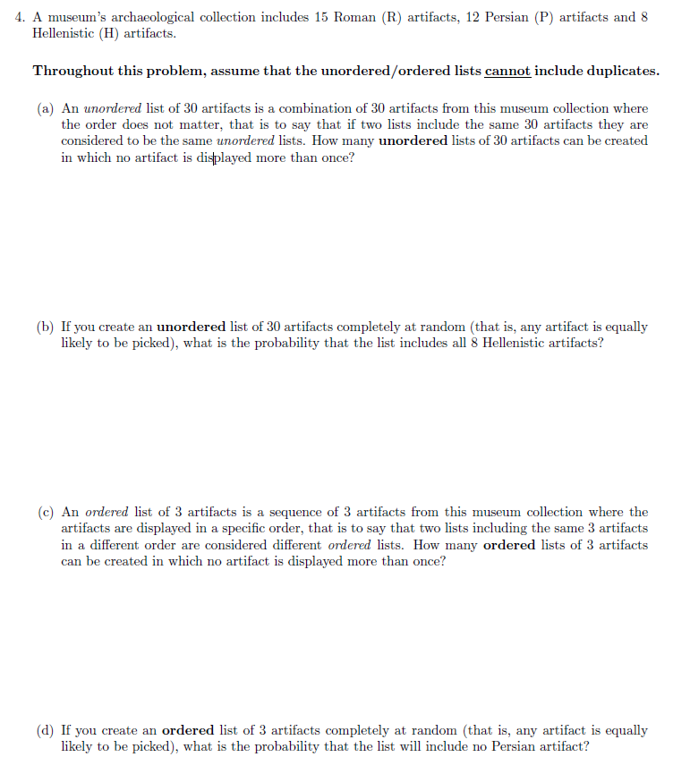 A museum's archaeological collection includes 15 Roman (R) artifacts, 12 Persian (P)
