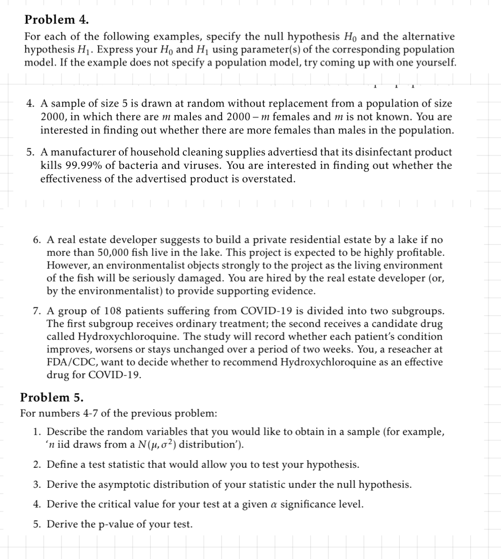  Problem 4. For each of the following examples, specify the null