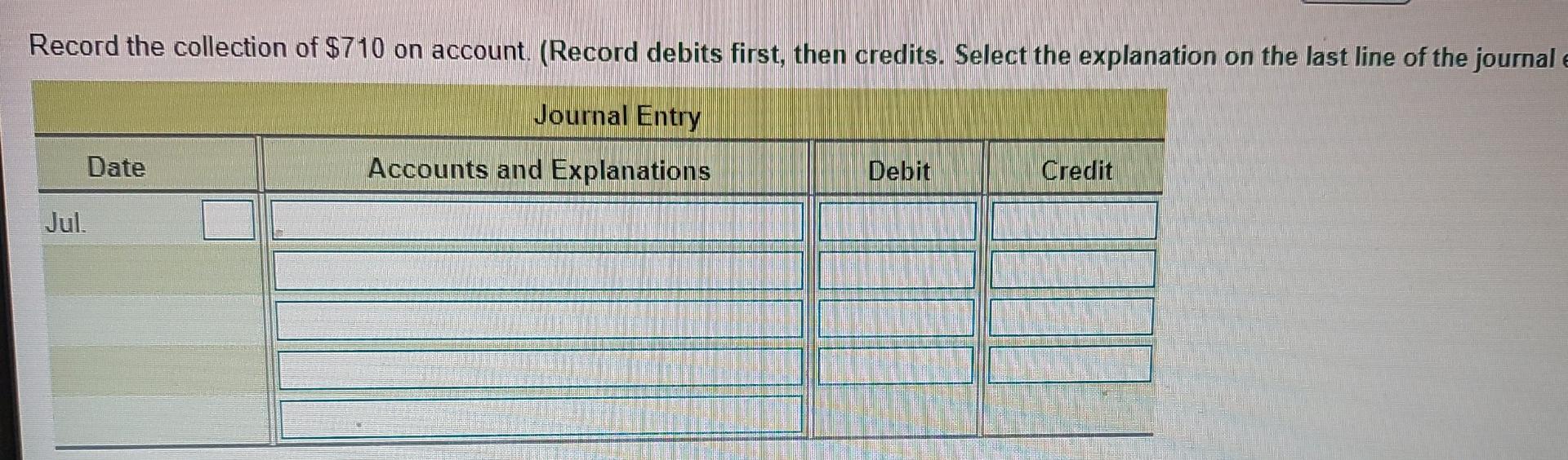 collection of $710 on account from Jane Lindsey, a Safety First customer