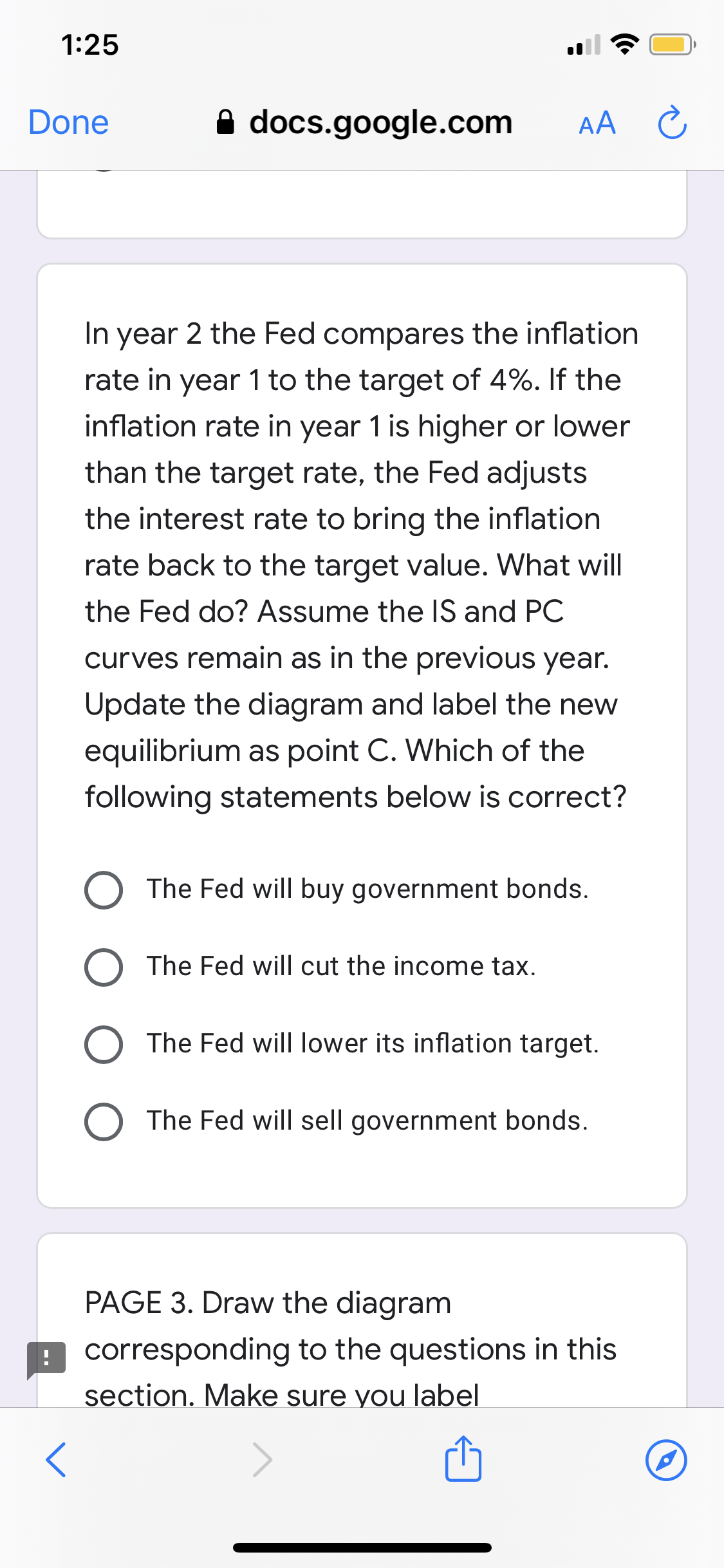 I need help answering this question 1:25 Done a docs.google.com AA C
