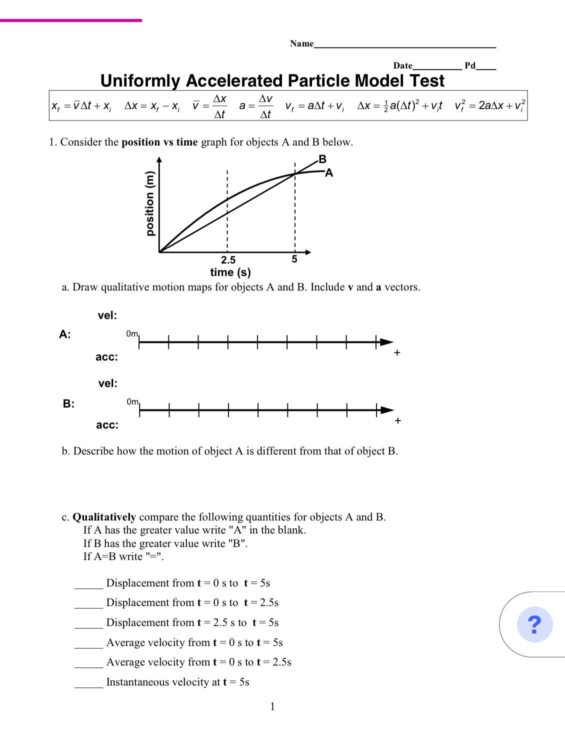 Please solve this Name_ Date_ Pd_ Uniformly Accelerated Particle Model Test X,