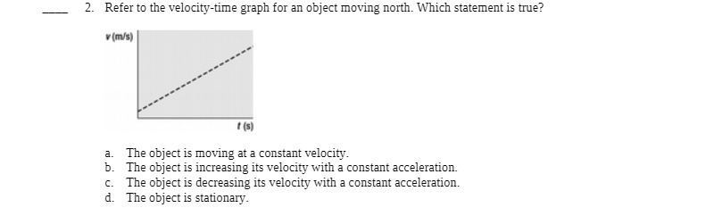  2. Refer to the velocity-time graph for an object moving north.