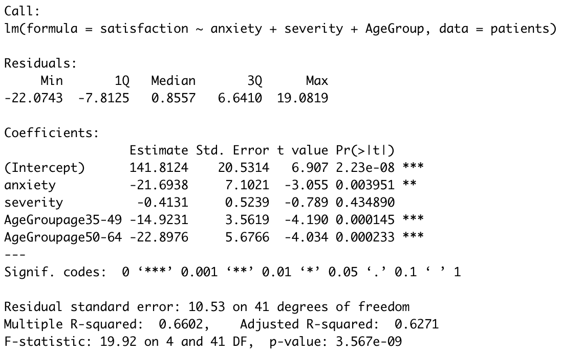 Call: Im(formula = satisfaction ~ anxiety + severity + AgeGroup, data
