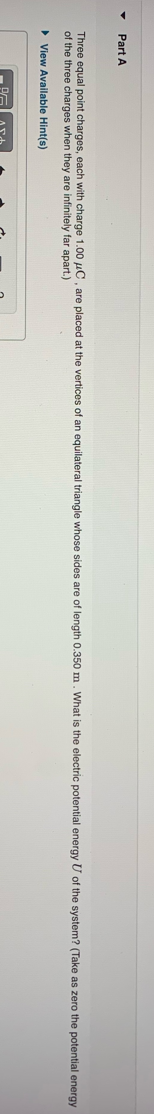 Part A Three equal point charges, each with charge 1.00 /C