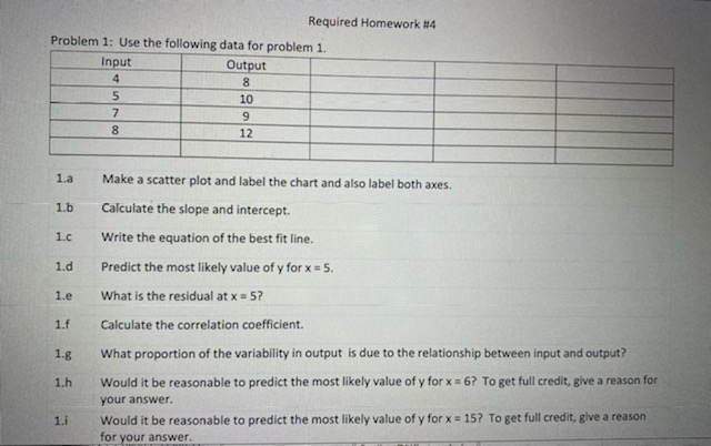 Required Homework #4 Problem 1: Use the following data for problem